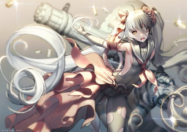 Anime picture 1271x900 with blade & soul po hwa ran (blade & soul) kkuem open mouth twintails yellow eyes white hair very long hair blurry sparkle shadow torn clothes skin tight girl gloves ribbon (ribbons) weapon animal elbow gloves belt