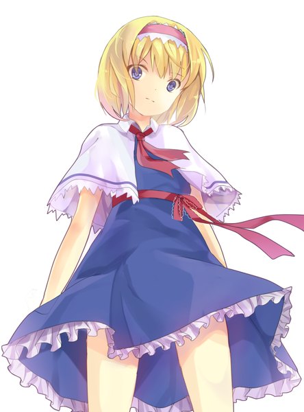 Anime picture 1000x1351 with touhou alice margatroid kita (kitairoha) single tall image looking at viewer short hair simple background blonde hair white background purple eyes wind from below girl dress hairband