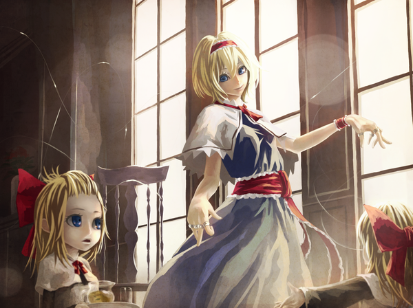 Anime picture 2000x1494 with touhou alice margatroid shanghai akaikitsune fringe highres short hair blue eyes blonde hair girl hair ornament bow hair bow window hairband jewelry ring chair marionette