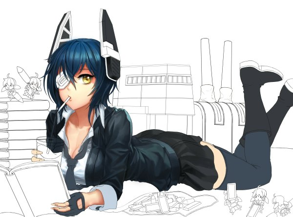 Anime picture 1200x890 with kantai collection tenryuu light cruiser fairy (kantai collection) ake (cherrylich) looking at viewer blush short hair holding yellow eyes blue hair cleavage lying crossed legs mouth hold on stomach drinking lineart colored work in progress girl