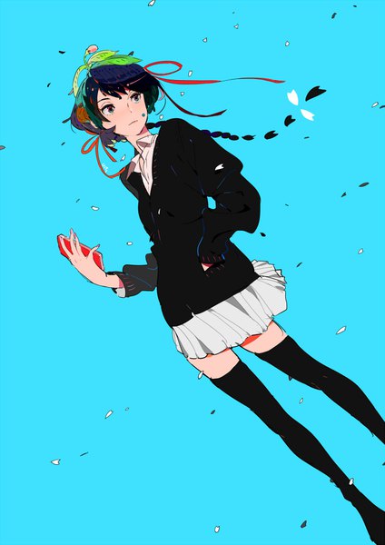 Anime picture 707x1000 with original ukumo uichi single long hair tall image holding blue hair looking away braid (braids) multicolored hair wind dutch angle zettai ryouiki turning head single braid blue background hand in pocket girl thighhighs skirt