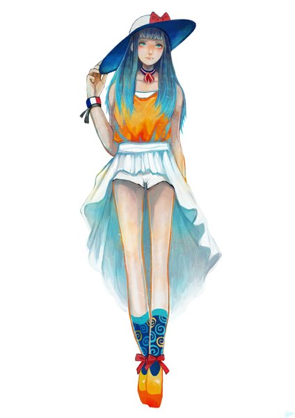 Anime picture 800x1132 with original orangina nanakawa (nanasoon) single long hair tall image blush fringe blue eyes simple background white background blue hair looking away sleeveless fashion girl skirt hat choker socks