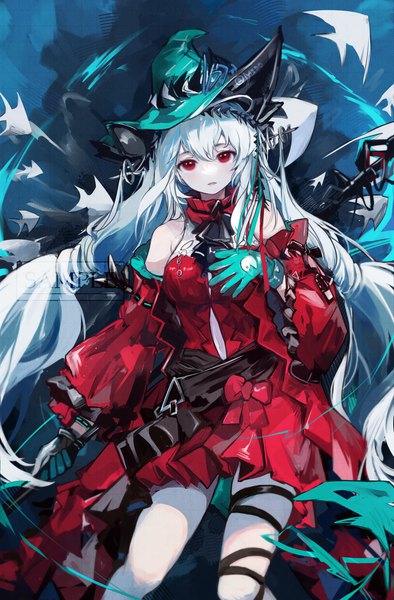 Anime picture 2295x3496 with arknights skadi (arknights) skadi the corrupting heart (arknights) mido (mido chen) single tall image looking at viewer fringe highres hair between eyes red eyes white hair very long hair official alternate costume girl dress gloves hat detached sleeves animal