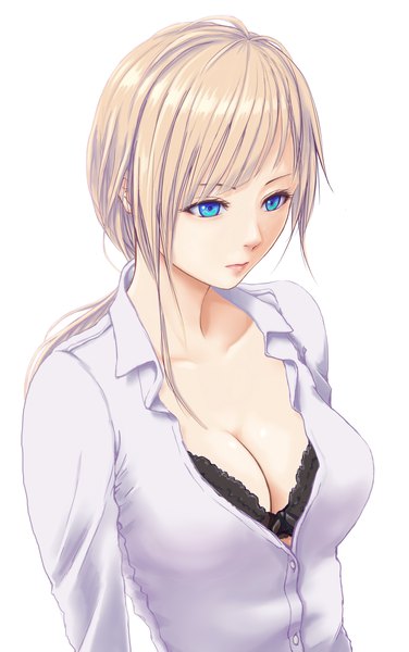 Anime picture 1138x1813 with original byo (daigakunote) single long hair tall image fringe breasts blue eyes light erotic simple background blonde hair white background looking away cleavage upper body long sleeves lipstick pink lipstick partially open clothes girl