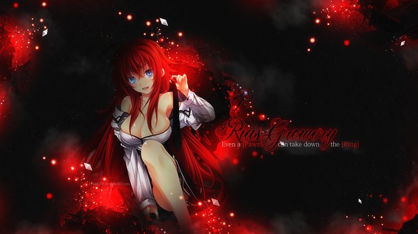 Anime picture 1920x1080 with highschool dxd rias gremory miyama zero eysaa single long hair fringe highres breasts open mouth blue eyes light erotic hair between eyes wide image large breasts bare shoulders red hair inscription wallpaper dark background