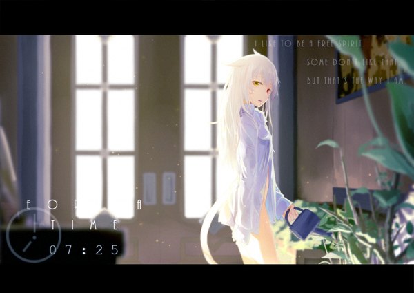 Anime picture 1024x725 with final fantasy final fantasy xiv square enix miqo'te lili mdoki single long hair looking at viewer fringe open mouth light erotic standing holding animal ears white hair indoors tail animal tail cat ears open clothes