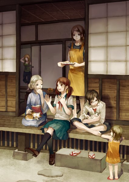 Anime picture 742x1050 with original tsukioka tsukiho long hair tall image blush short hair open mouth blonde hair brown hair sitting twintails multiple girls brown eyes traditional clothes japanese clothes barefoot hair bun (hair buns) hand on head 6+ girls 6 girls