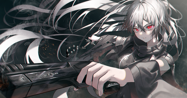 Anime picture 5000x2626 with original noubin single long hair fringe highres hair between eyes red eyes wide image holding looking away absurdres grey hair mole mole under eye floating hair outstretched arm smoking gun girl weapon