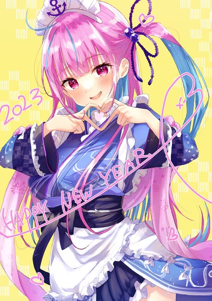 Anime picture 1764x2508 with virtual youtuber hololive minato aqua minato aqua (3rd costume) mochiko (mocchikkoo) single long hair tall image looking at viewer blush highres open mouth pink hair ahoge traditional clothes :d japanese clothes pink eyes multicolored hair streaked hair