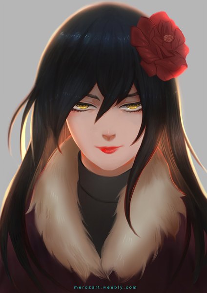 Anime picture 827x1169 with kasane (matsuura daruma) fuchi kasane meroz wang single long hair tall image looking at viewer fringe black hair simple background hair between eyes signed yellow eyes hair flower light smile grey background fur trim lipstick portrait red lipstick