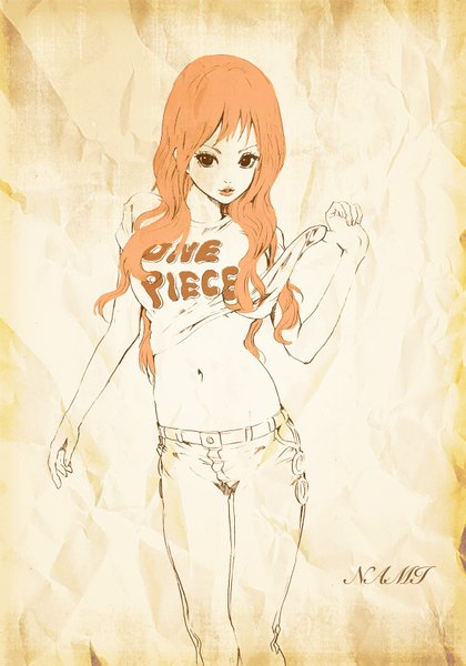 Anime picture 1181x1687 with one piece toei animation nami (one piece) nagasode fusoku single long hair tall image looking at viewer fringe open mouth standing brown eyes orange hair inscription teeth lipstick monochrome clothes writing girl navel