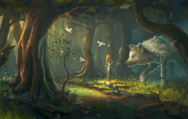 Anime picture 3500x2227 with original sylar113 long hair highres standing absurdres braid (braids) sunlight orange hair outstretched arm single braid fantasy river girl plant (plants) animal tree (trees) bird (birds) forest wolf