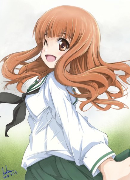 Anime picture 1000x1376 with girls und panzer takebe saori kem kem single long hair tall image looking at viewer blush open mouth smile brown hair brown eyes signed one eye closed wink ;d girl uniform school uniform