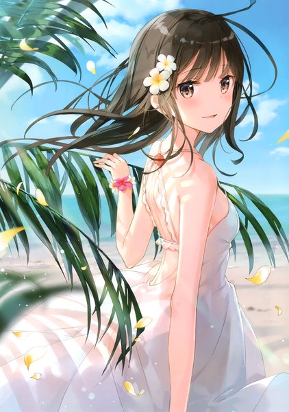 Anime picture 2413x3432 with original fuumi (radial engine) single long hair tall image looking at viewer blush fringe highres breasts open mouth smile brown hair bare shoulders brown eyes payot sky cloud (clouds) ahoge looking back