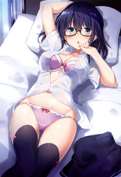 Anime picture 2261x3300 with melonbooks takehana note single long hair tall image looking at viewer blush fringe highres breasts open mouth blue eyes light erotic hair between eyes blue hair cleavage indoors lying arm up scan