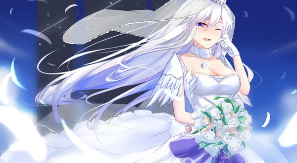 Anime picture 1200x659 with azur lane enterprise (azur lane) enterprise (starlight oath) (azur lane) eternity (shadeh) single long hair looking at viewer blush fringe breasts open mouth blue eyes smile hair between eyes wide image standing holding cleavage white hair one eye closed