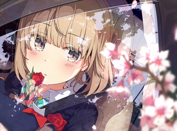 Anime-Bild 1077x800 mit original ogipote single looking at viewer fringe short hair brown hair parted lips grey eyes depth of field cherry blossoms girl flower (flowers) branch tulip