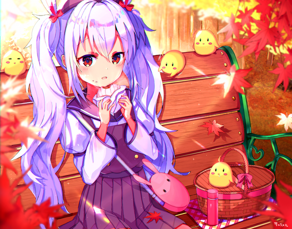 Anime picture 1200x943 with azur lane manjuu (azur lane) laffey (azur lane) caramell0501 single long hair looking at viewer blush fringe open mouth hair between eyes red eyes sitting twintails holding signed silver hair upper body outdoors alternate costume