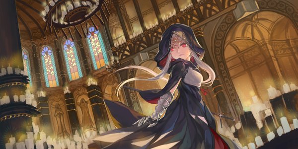 Anime picture 2997x1500 with original pixiv fantasia pixiv fantasia fallen kings quaanqin single long hair highres red eyes wide image white hair looking back girl dress gloves hair ornament weapon sword candle (candles)