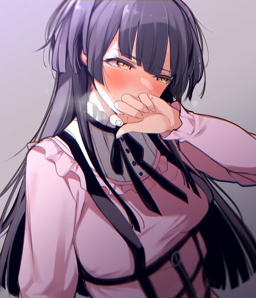 Anime picture 923x1077 with idolmaster idolmaster shiny colors mayuzumi fuyuko giba (out-low) single long hair tall image blush fringe black hair simple background yellow eyes upper body blunt bangs long sleeves blurry grey background sweat two side up covered mouth