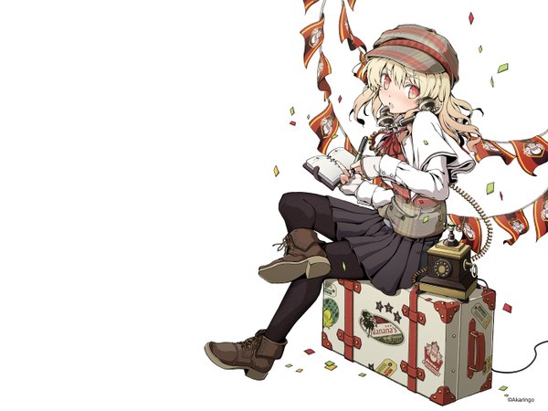 Anime picture 1400x1050 with nanana's buried treasure azuma syoujuan single long hair blush open mouth simple background blonde hair red eyes white background sitting looking away pleated skirt girl skirt pantyhose boots book (books) vest cap