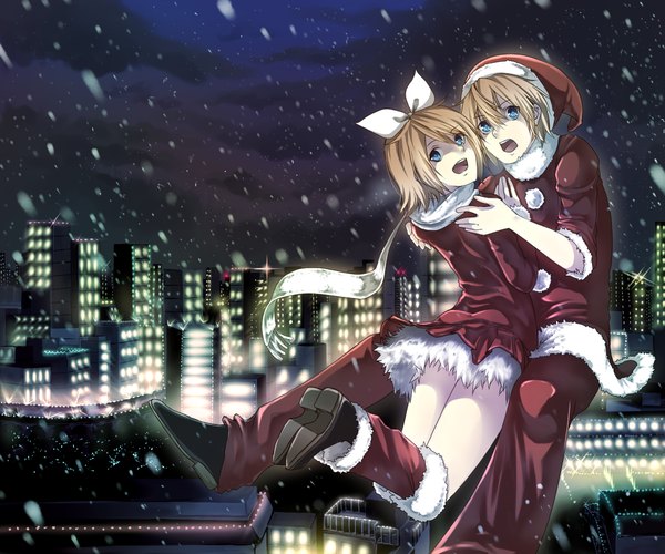 Anime picture 1200x1000 with vocaloid kagamine rin kagamine len ryota (ry o ta) short hair open mouth blue eyes blonde hair multiple girls cloud (clouds) fur trim city christmas merry christmas girl bow 2 girls hair bow boots scarf