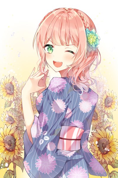 Anime picture 1181x1771 with bang dream! uehara himari taya oco single tall image looking at viewer blush fringe short hair open mouth smile standing green eyes pink hair blunt bangs braid (braids) traditional clothes japanese clothes one eye closed looking back