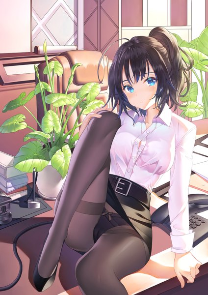 Anime picture 2800x3960 with original poxiaodefeng single tall image looking at viewer blush fringe highres short hair blue eyes light erotic brown hair sitting ahoge bent knee (knees) ponytail indoors arm support pantyshot pantyshot sitting