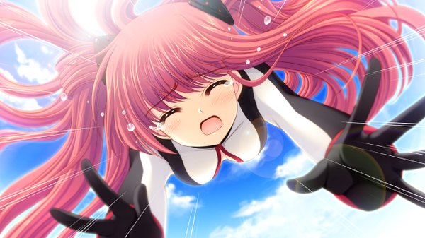 Anime picture 1280x720 with world wide love! (game) yamino yumeko nishimata aoi single long hair blush breasts open mouth wide image twintails game cg sky cloud (clouds) red hair eyes closed long sleeves wallpaper crying falling screaming