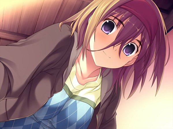 Anime picture 1024x768 with id rebirth session tachibana shizuku amakura single short hair brown hair game cg purple hair girl