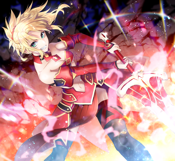 Anime picture 1500x1378 with fate (series) fate/apocrypha mordred (fate) noes single long hair looking at viewer blonde hair green eyes ponytail from above sparkle fighting stance girl thighhighs weapon detached sleeves sword crop top