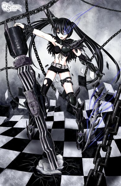 Anime picture 1300x2000 with black rock shooter black rock shooter (character) silversirius single long hair tall image open mouth blue eyes black hair twintails glowing glowing eye (eyes) checkered floor girl navel weapon shorts boots chain
