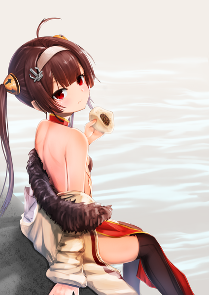 Anime picture 707x1000 with azur lane ping hai (azur lane) west (vaem5527) single long hair tall image looking at viewer blush fringe breasts light erotic red eyes brown hair sitting twintails bare shoulders holding payot ahoge outdoors