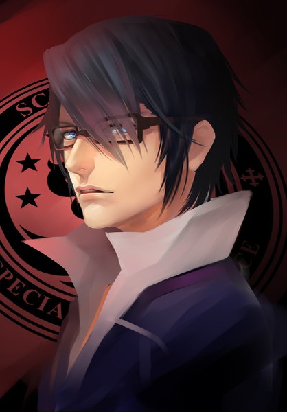 Anime picture 837x1200 with k-project gohands (studio) fushimi saruhiko monsohot single tall image looking at viewer fringe short hair blue eyes black hair hair over one eye inscription boy glasses