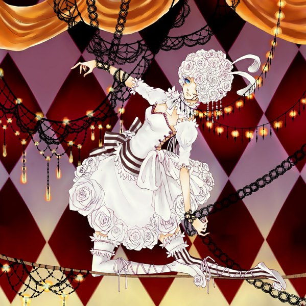 Anime picture 1024x1027 with kuroshitsuji a-1 pictures nekono mimiko (fleur-de-lis) single blue eyes girl thighhighs dress hair ornament flower (flowers) bow detached sleeves white thighhighs white dress rose (roses) feather (feathers) striped thighhighs corset candle (candles) circus