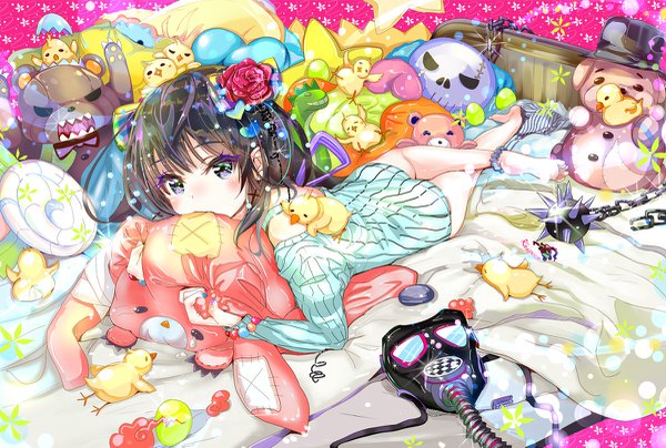 Anime picture 1200x809 with original keepout single long hair looking at viewer blush light erotic black hair green eyes signed lying hair flower sparkle crossed legs on stomach girl hair ornament flower (flowers) weapon rose (roses)