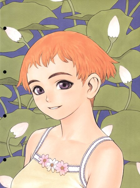Anime picture 1280x1720 with futurhythm (artbook) range murata single tall image looking at viewer short hair smile purple eyes bare shoulders upper body parted lips scan orange hair girl flower (flowers) camisole water lily