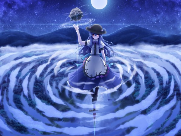 Anime picture 1200x900 with touhou hinanawi tenshi akashio (loli ace) blue hair night orange eyes magic blue background rock girl hat sword moon magic circle peach