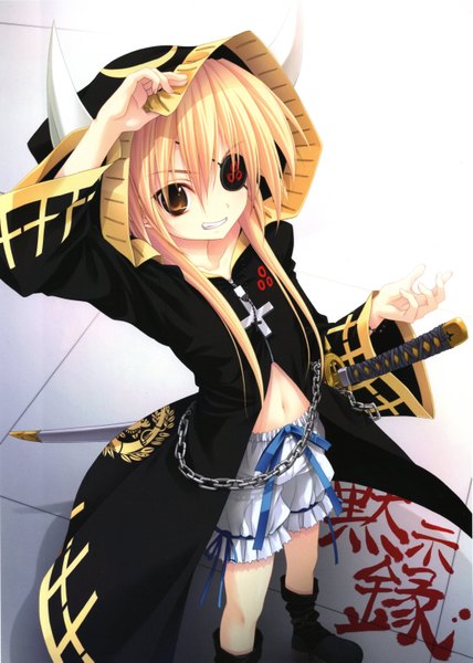 Anime picture 4309x6041 with oda nobuna no yabou bontenmaru (oda nobuna no yabou) miyama zero single long hair tall image highres yellow eyes horn (horns) loli girl weapon sword boots katana hood chain eyepatch cross