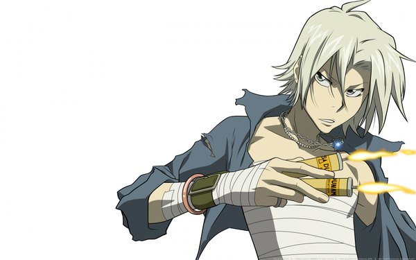 Anime picture 1920x1200 with katekyou hitman reborn gokudera hayato highres short hair wide image white background silver hair open clothes grey eyes torn clothes boy weapon bracelet pendant bandage (bandages) fire explosives dynamite