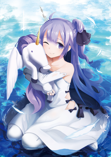 Anime picture 1454x2049 with azur lane unicorn (azur lane) gomibukurokarasu single long hair tall image looking at viewer smile sitting purple eyes bare shoulders purple hair ahoge one eye closed sparkle one side up wariza girl dress detached sleeves