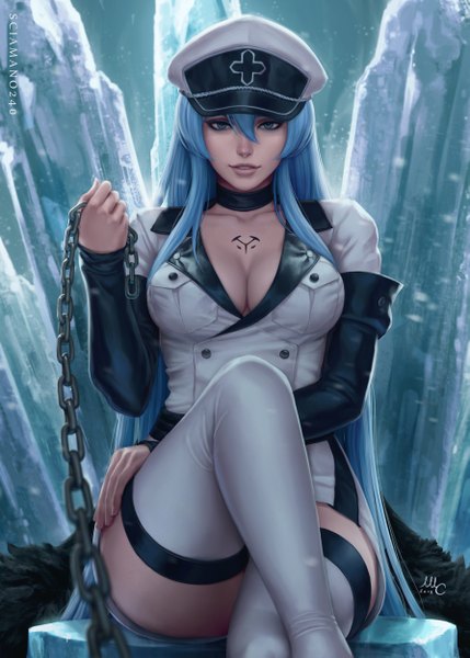 Anime picture 1786x2500 with akame ga kill! white fox esdeath sciamano240 single long hair tall image looking at viewer fringe highres breasts blue eyes light erotic hair between eyes large breasts sitting holding signed payot blue hair