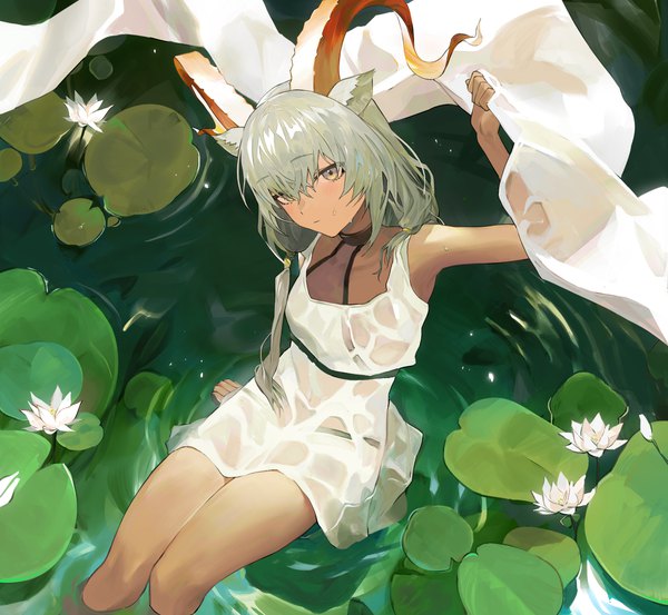 Anime picture 1242x1145 with arknights beeswax (arknights) koio single long hair fringe hair between eyes sitting twintails animal ears yellow eyes silver hair arm up horn (horns) from above wet sleeveless partially submerged low twintails wet clothes