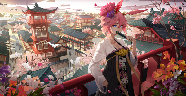 Anime picture 2900x1506 with honkai impact 3rd benghuai xueyuan honkai (series) yae sakura zdo-zwei looking at viewer fringe highres short hair blue eyes hair between eyes wide image standing holding animal ears payot pink hair cloud (clouds) upper body traditional clothes