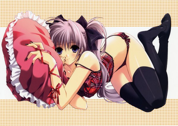 Anime picture 4912x3491 with suzuhira hiro highres light erotic twintails scan thighhighs pillow
