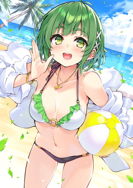 Anime-Bild 708x1000 mit cu-no nonono futaba hisenkaede single tall image looking at viewer blush fringe short hair breasts open mouth light erotic smile large breasts standing holding green eyes sky cloud (clouds) ahoge