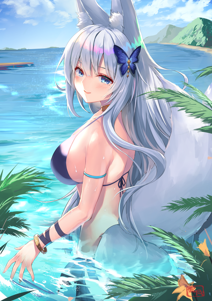 Anime picture 1000x1417 with azur lane shinano (azur lane) shimozuki shio single long hair tall image looking at viewer blush fringe breasts blue eyes light erotic smile hair between eyes large breasts standing signed animal ears sky silver hair