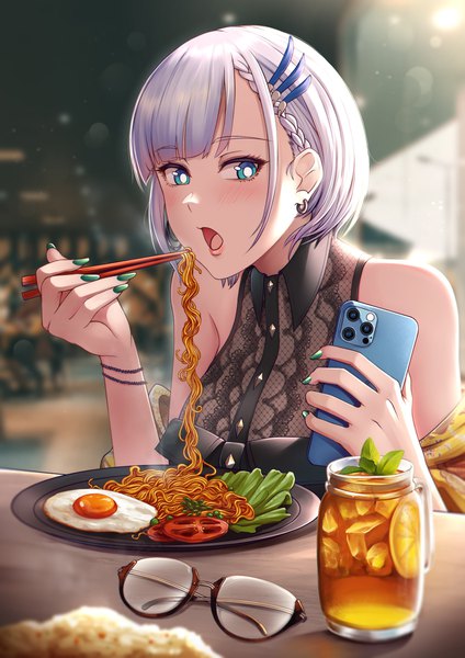 Anime picture 2897x4096 with virtual youtuber hololive hololive indonesia pavolia reine blueriest single tall image blush fringe highres short hair open mouth blue eyes sitting bare shoulders holding looking away silver hair upper body blunt bangs