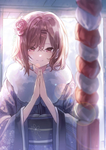 Anime picture 1102x1556 with idolmaster idolmaster shiny colors higuchi madoka dasha single tall image fringe short hair smile hair between eyes brown hair purple eyes upper body traditional clothes japanese clothes mole mole under eye lens flare new year hands clasped