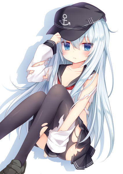 Anime-Bild 900x1272 mit kantai collection hibiki destroyer nachi single long hair tall image looking at viewer blush blue eyes light erotic simple background white background blue hair bent knee (knees) pleated skirt shadow torn clothes torn pantyhose girl skirt